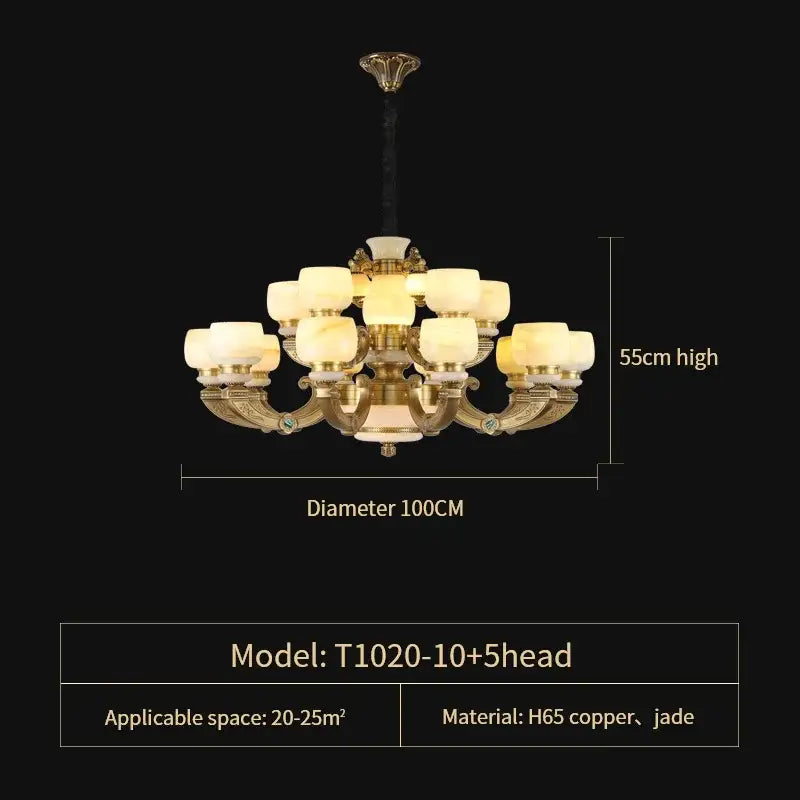 Elegant gold-toned modern copper jade chandelier with warm-lit jade lampshades and frosted glass for living room lighting