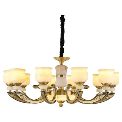Gold-toned pendant lamp with eight frosted glass shades and floral inlays for decorbites copper jade pendant lighting