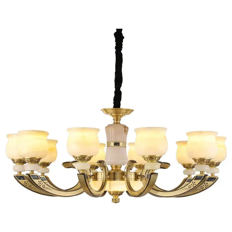 Gold-toned pendant lamp with eight frosted glass shades and floral inlays for decorbites copper jade pendant lighting