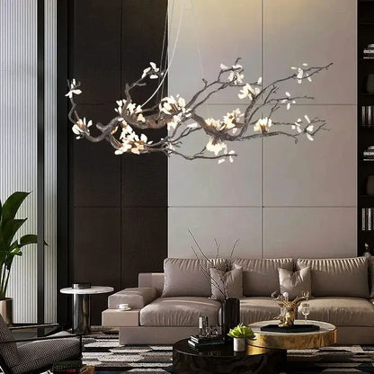 A modern copper led branch chandelier with dark metallic limbs and white flowers for dining room decorbites copper led lighting