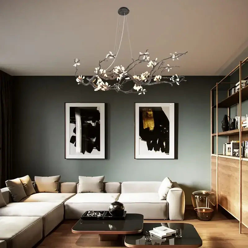 Modern copper led branch chandelier with dark metallic design and white blossoms for dining room decorbites copper led