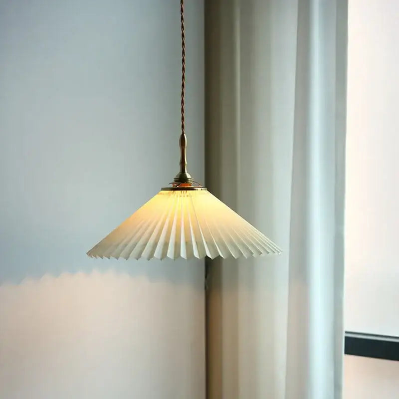 Modern copper led pendant lamp with warm-toned pleated paper shade brass fixture decorbites copper led pendant decor