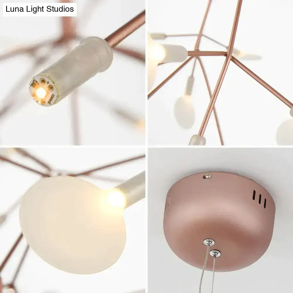 Modern copper tree branch pendant light with rose gold metallic finish frosted glass globes and exposed led bulbs