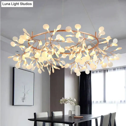 Modern copper tree branch pendant light with delicate leaf-shaped glass orbs and led lamp for dining room use