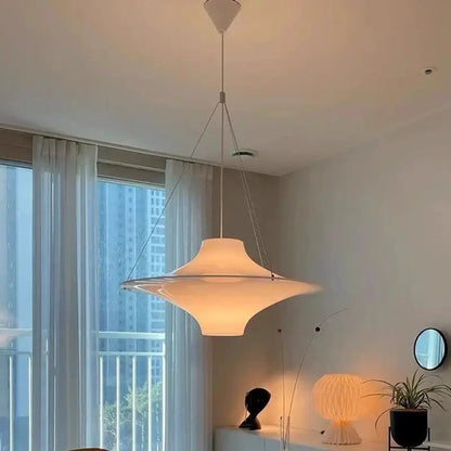 Modern cream acrylic ufo pendant light with translucent glass shade and thin metal chains for dining room decorbites cream acrylic