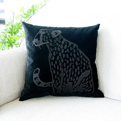 Black velvet throw pillow with intricately embroidered leopard in dark gray thread modern home decor pillowcase