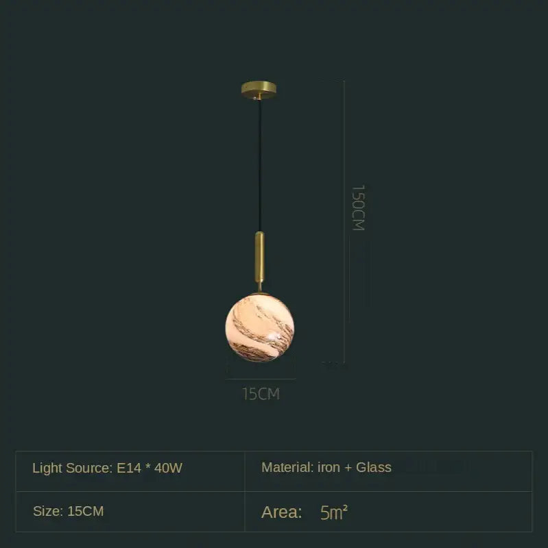 Modern cream and blue glass planet pendant light with marble-patterned globe and brass hardware suspended by black cord