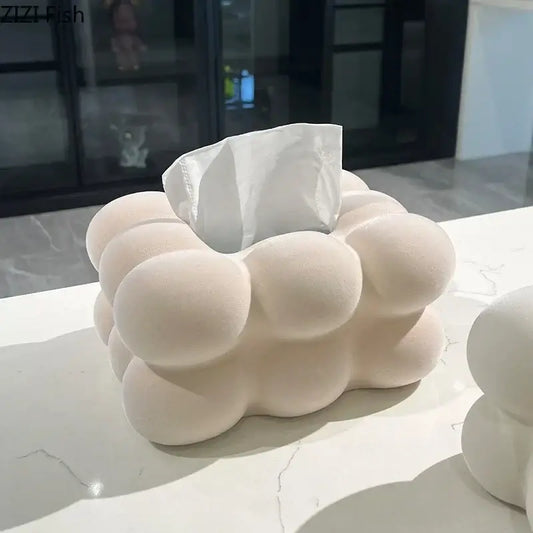 Cream-colored plush ceramic tissue box with modern bubble cloud design for bedroom desk decor