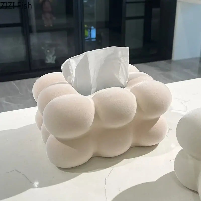 Cream-colored plush ceramic tissue box with modern bubble cloud design for bedroom desk decor