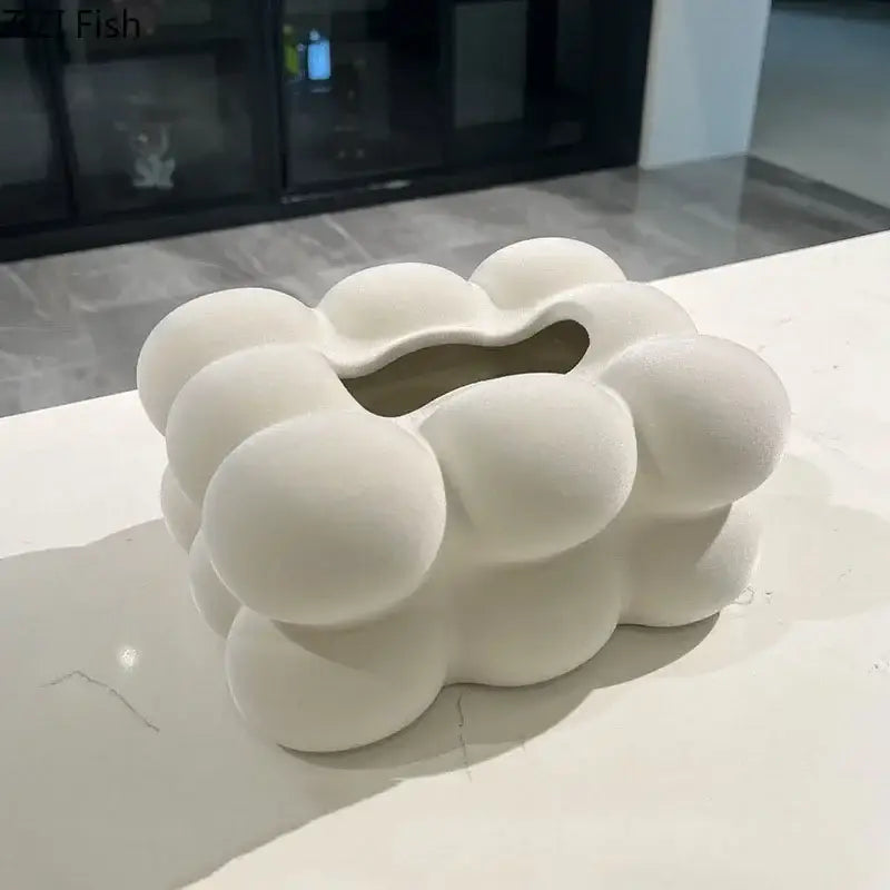Modern cream bubble cloud ceramic tissue box with off-white rounded segments for bedroom desk decor
