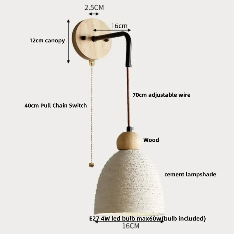 Modern cream ceramic and wood wall light with off-white cement shade and pull chain switch for decorbites cement wood wall decor