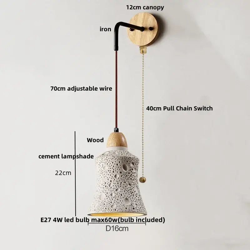 Modern cream ceramic and wood wall light with a textured white cement lampshade and pull chain switch decorbites cement wood wall