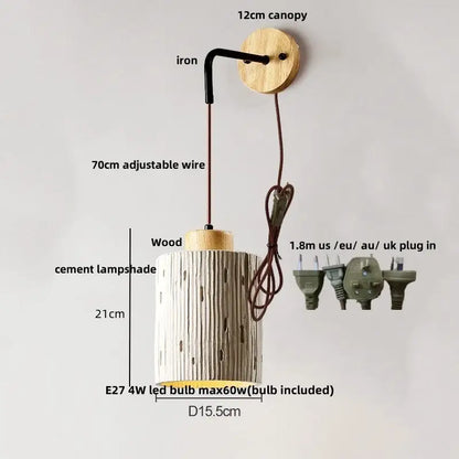 Modern cream ceramic and wood wall light with cylindrical cement wood wall lampshade and pull chain switch for bedroom decorbites