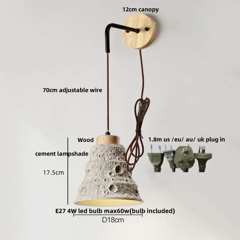 Rustic-style wall light with cream ceramic shade, textured cement wood elements, wooden canopy, and adjustable wire suspension