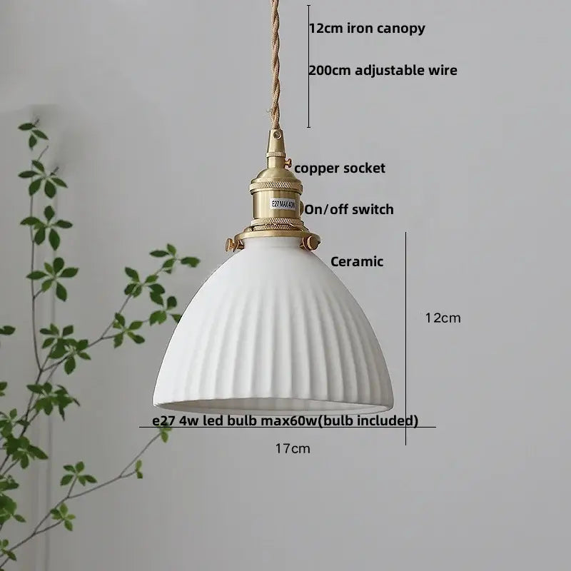 Modern cream ceramic led pendant light with fluted dome shade and brass accents perfect for kitchen decorbites ceramic led