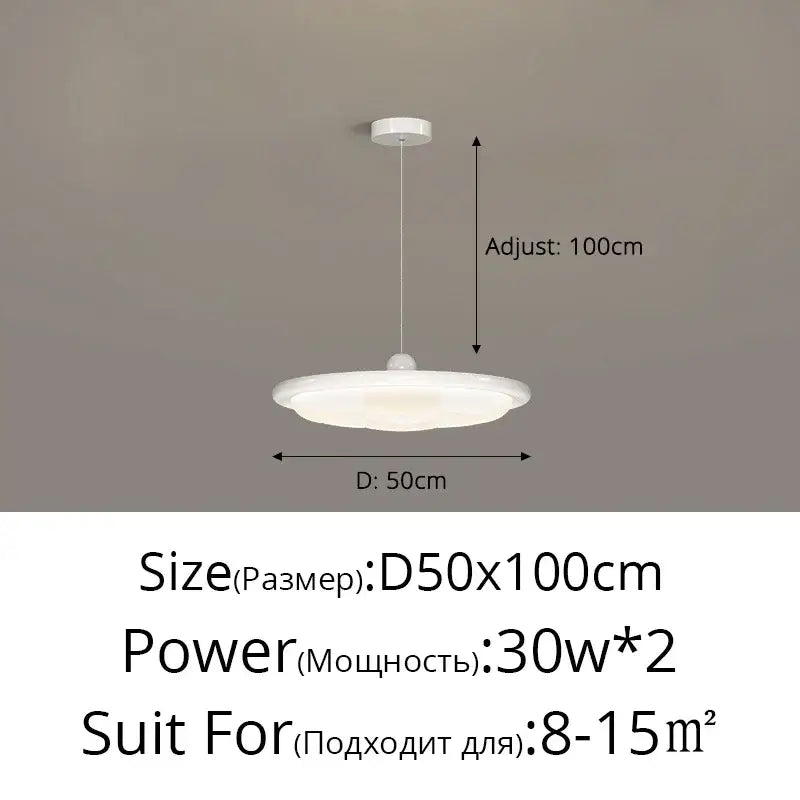 Modern cream geometric led ceiling lights with sleek circular white pendant design and adjustable height for bedroom lighting