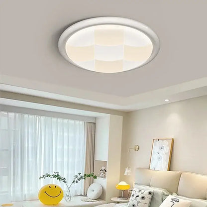 Modern cream geometric led ceiling lights with a white circular design and soft diffused glow for bedroom lighting