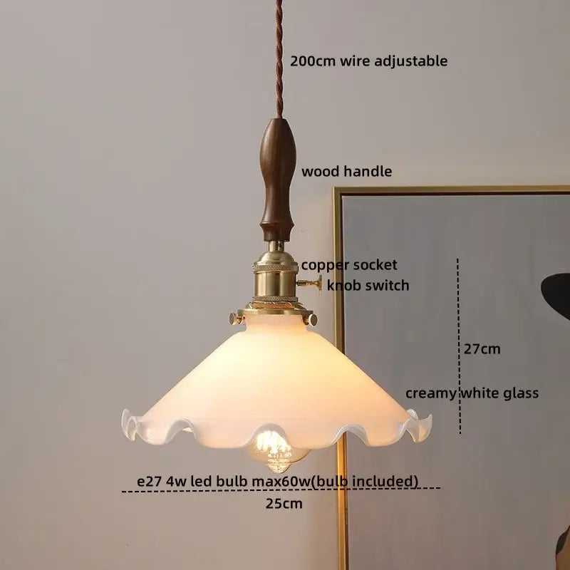 Modern cream glass copper led pendant light with ruffled shade, wooden handle, and adjustable 200cm copper wire for dining room