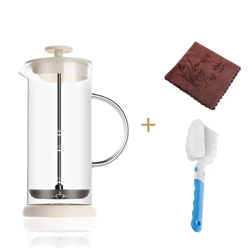 Modern cream clear glass french press coffee maker with white plastic handle and measurement markings for foam mixer blender