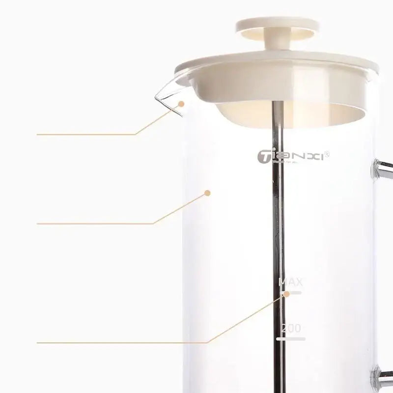 Modern cream glass french press coffee maker with stainless steel plunger and hand foam mixer blender features