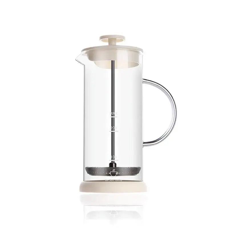 Modern cream glass french press coffee maker with cream plastic lid and black plunger for hand foam mixer blender use