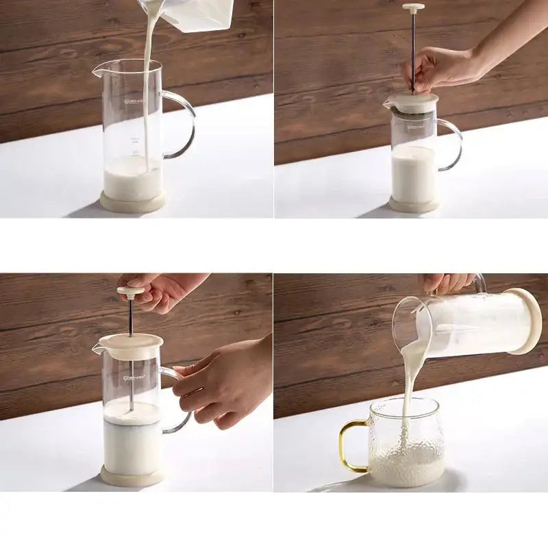 Modern cream glass french press coffee maker with beige plastic base and white plunger as a foam mixer blender