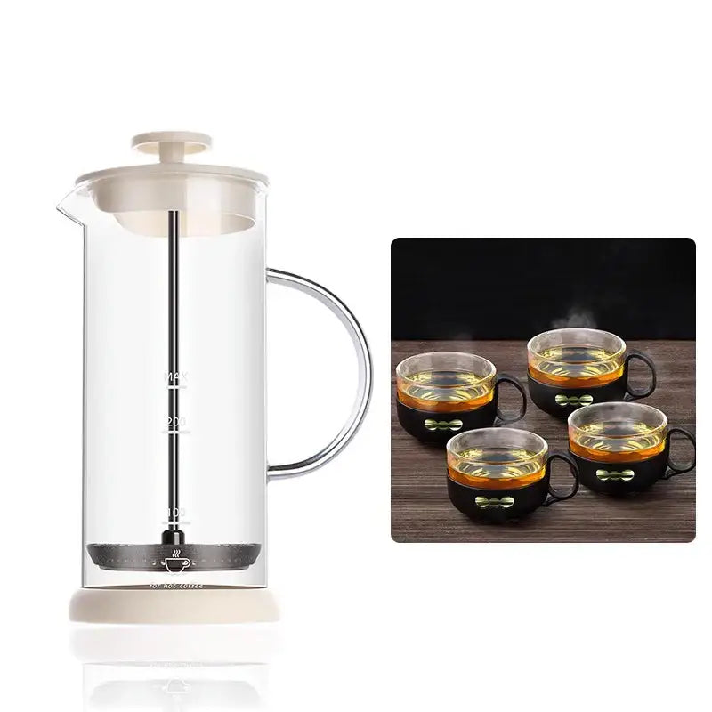 Modern cream glass french press coffee maker with white plastic lid base and black plunger hand foam mixer blender