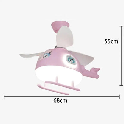 Modern cream helicopter ceiling fan lights with pink helicopter design white blades and glowing fan lights for kids bedroom
