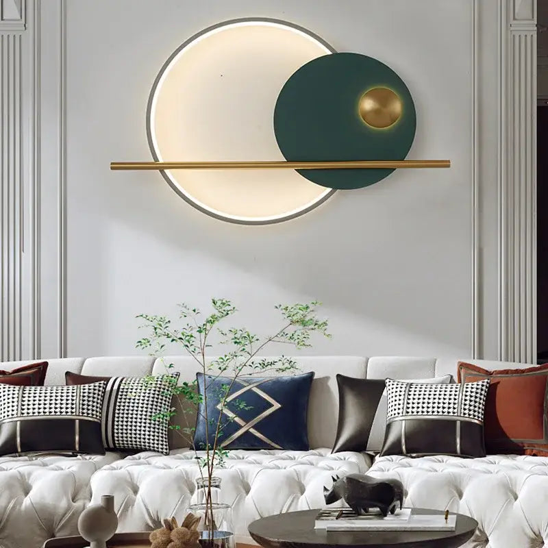 Modern led wall lamp with glowing white inner circle, dark green outer disc, and gold-toned accents for bedroom lighting