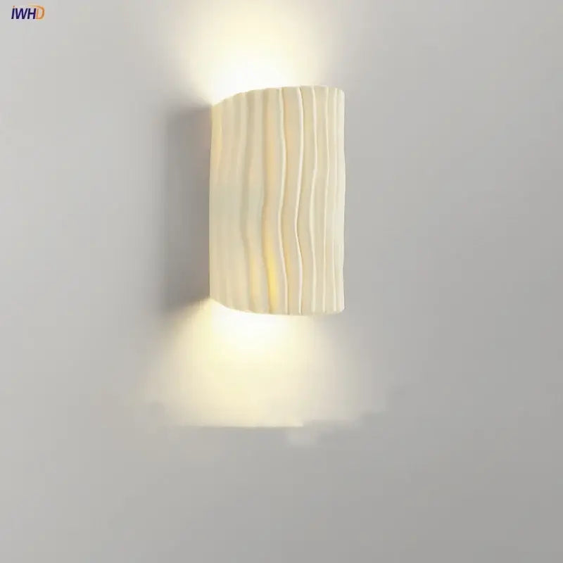 Modern cream ridged ceramic double led wall lamp with vertical texture ideal as a bathroom led wall lamp