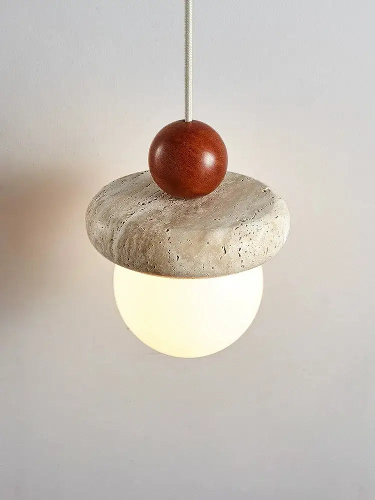 Modern cream stone wood globe pendant light with textured concrete disc and polished wood sphere for bedroom decorbites cream stone