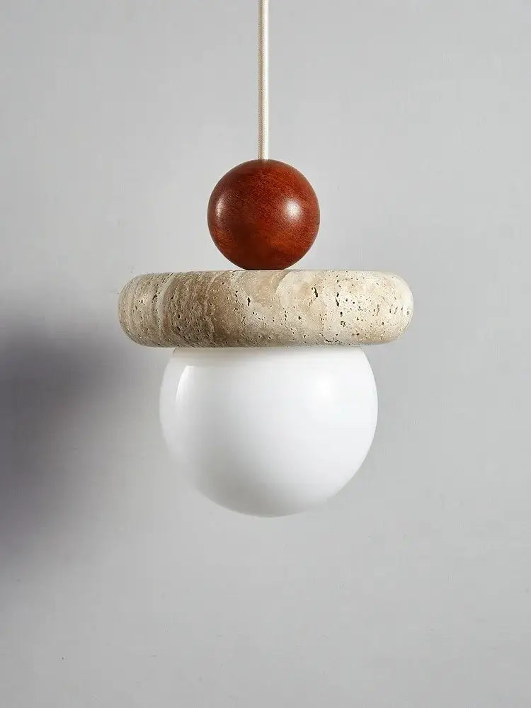 Modern cream stone wood globe pendant light with polished reddish-brown wooden sphere and textured beige stone for bedroom decor