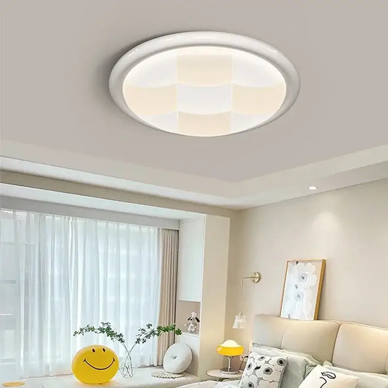 Modern cream style led ceiling lights feature a white circular design with soft diffused glow and geometric decorbites cream style pattern