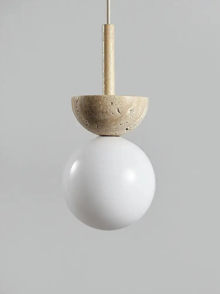 Modern cream style led pendant lamp with matte white glass globe, beige stone half-disk, and wooden rod decorbites cream style