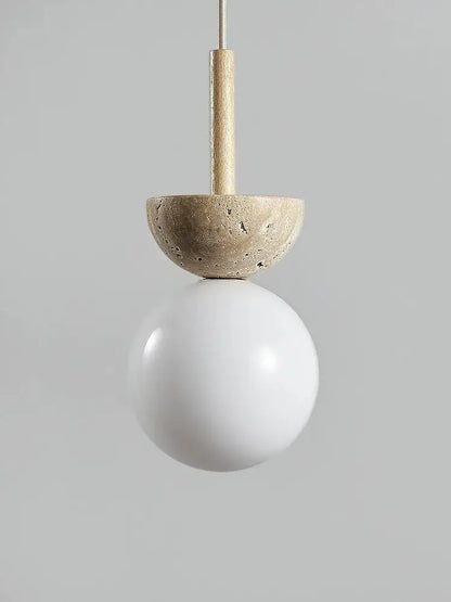 Modern cream style led pendant lamp with matte white glass globe, beige stone half-disk, and wooden rod decorbites cream style