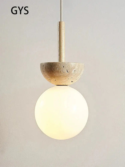 Modern cream style led pendant lamp with beige stone textured upper and frosted glass globe for bedroom decorbites cream style