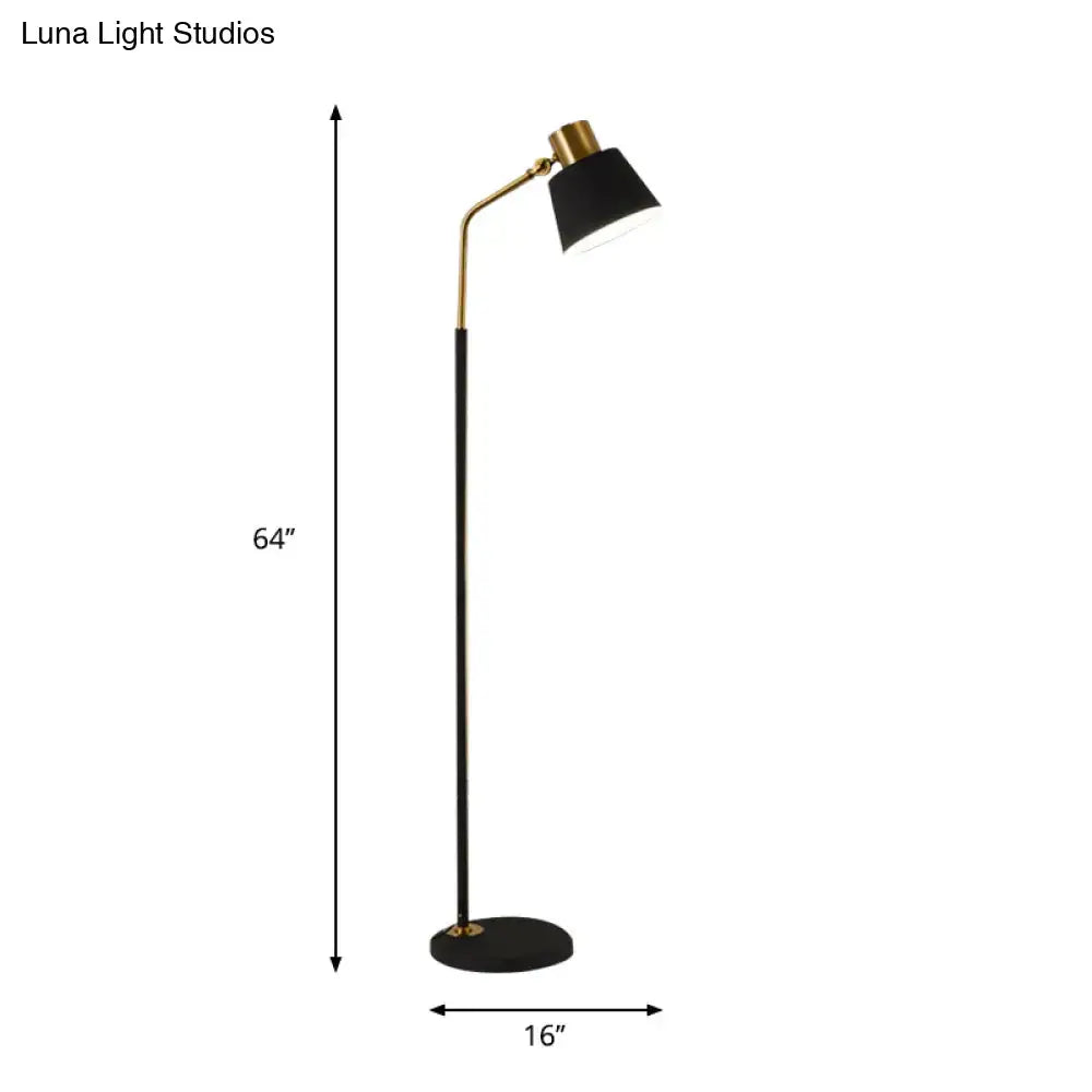 Decorbites small barrel black floor lamp with brass modernist metallic stand and adjustable gooseneck for bedroom lighting