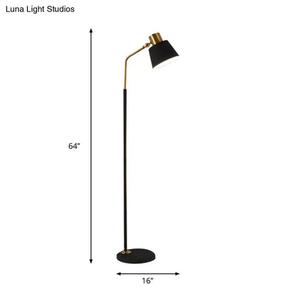Decorbites small barrel black floor lamp with brass modernist metallic stand and adjustable gooseneck for bedroom lighting