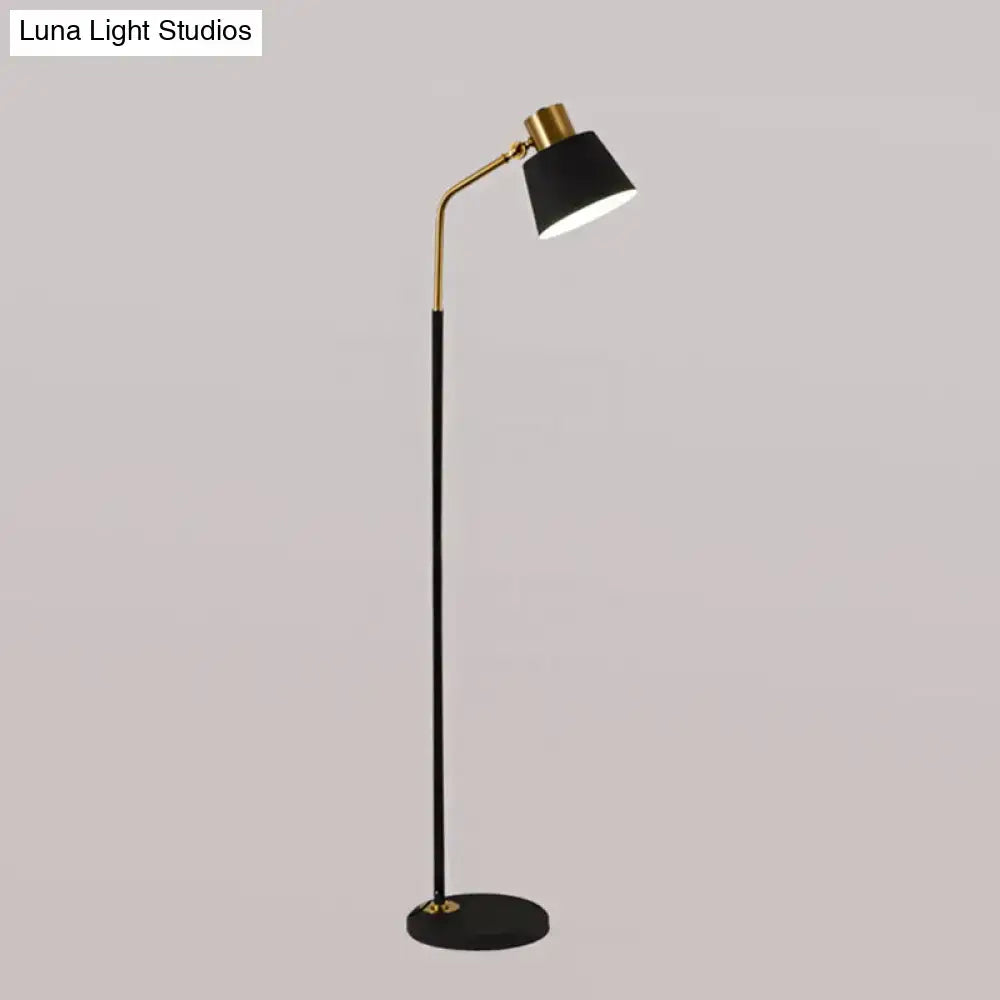DecorBites small barrel black floor lamp with gold-toned adjustable arm and modern metallic stand for bedroom lighting