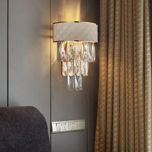 Modern cream indoor wall lamp with quilted fabric shade and crystal prism shade pendants for bedroom use