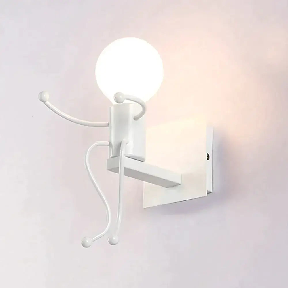 White minimalist metal robot ant wall sconce with articulated limbs and spherical bulb head for modern creative minimalism