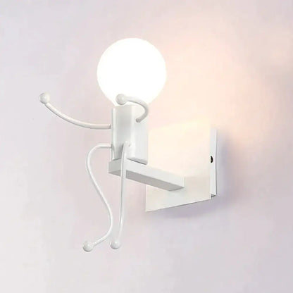 White minimalist metal robot ant wall sconce with articulated limbs and spherical bulb head for modern creative minimalism