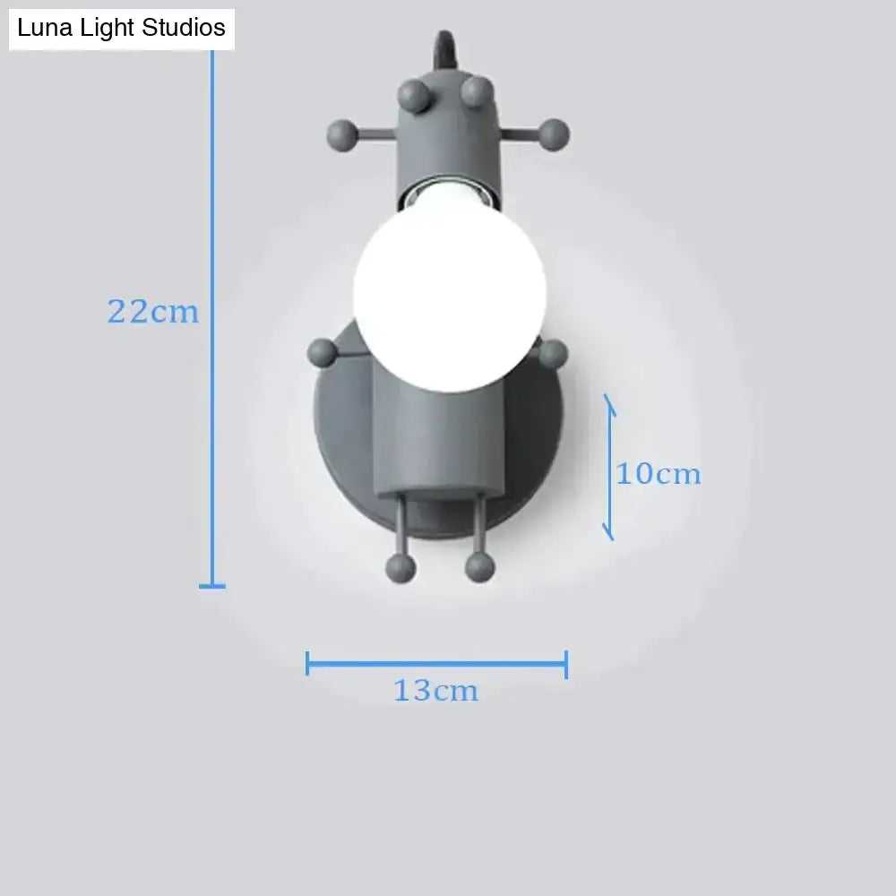 Modern creative minimalism gray metal robot ant wall sconce with spherical bulb and articulated limbs for bedroom light