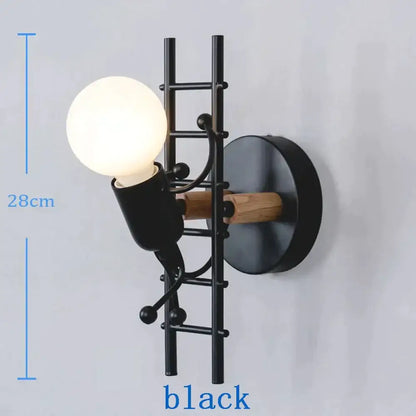 Modern creative minimalism black metal ladder-style wall sconce with wooden rung and illuminated bulb for bedroom light