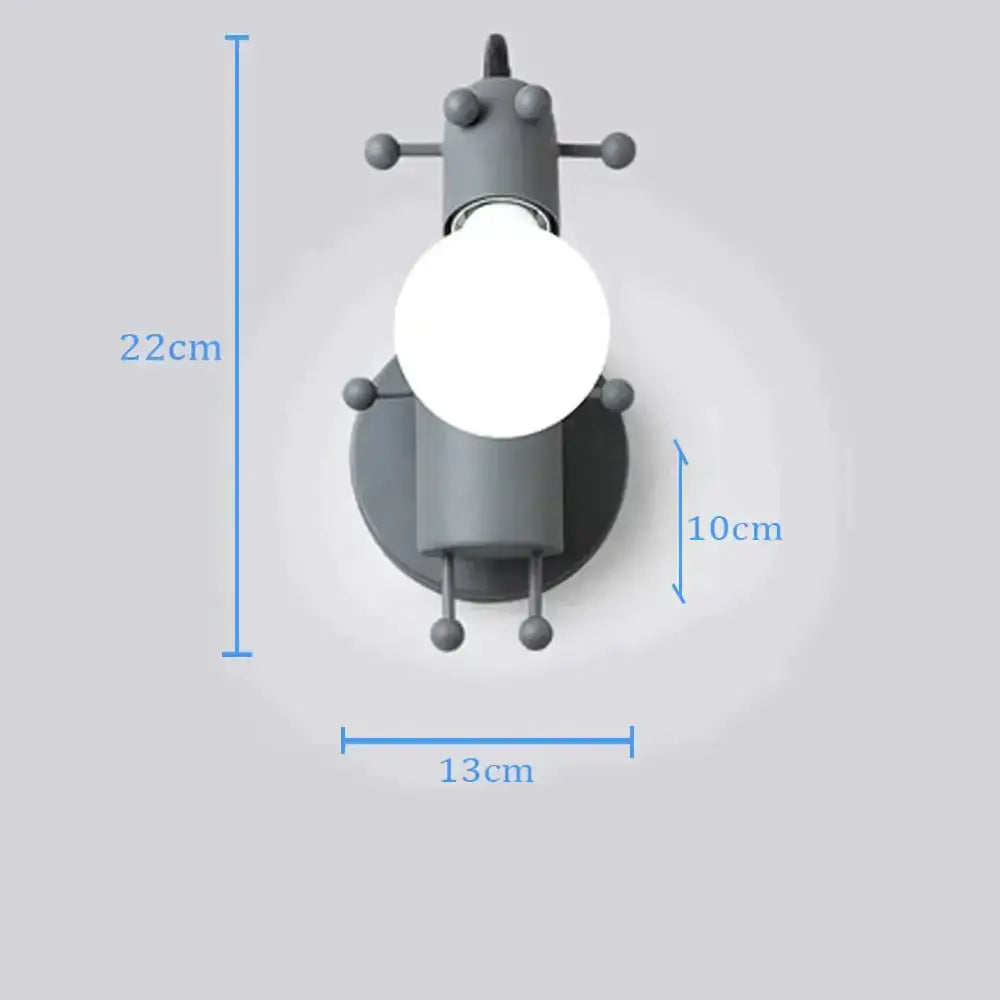 Gray robot-themed wall sconce with spherical bulb and articulated limbs in modern creative minimalism metal design
