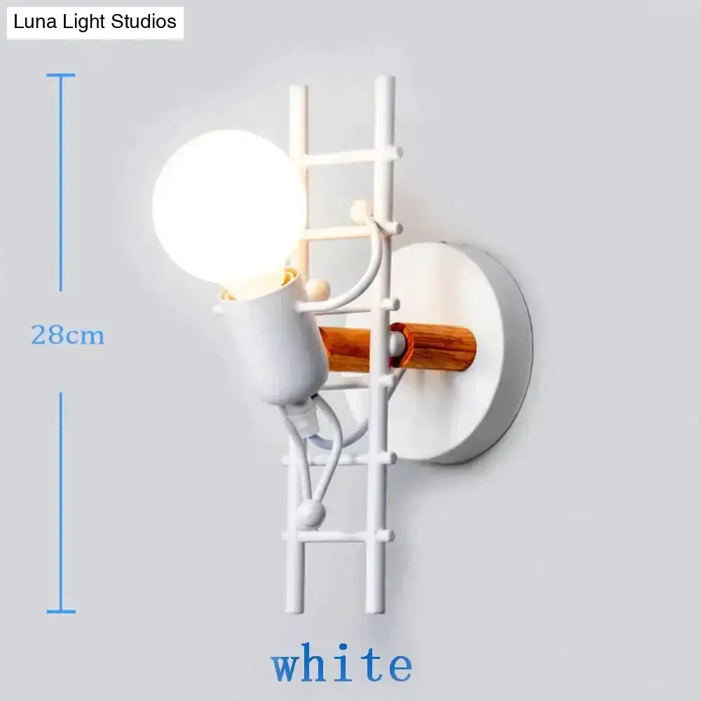 Modern creative minimalism white wall sconce with wooden rungs and bulb holder designed as ladder metal robot ant style