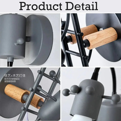 Modern creative minimalism gray metal and wood industrial-style wall lamp with cylindrical shades and wooden dowel accents