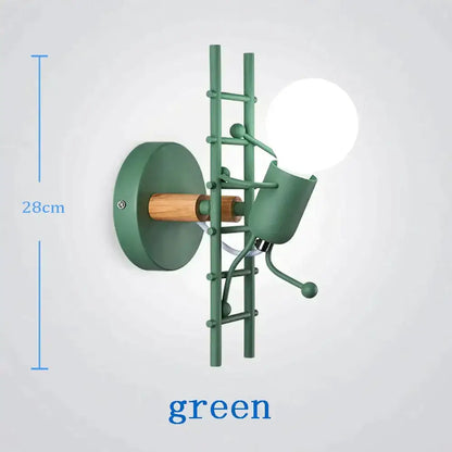 Modern creative minimalism green ladder-shaped metal robot ant wall sconce with wooden accent and spherical bulb for bedroom lighting