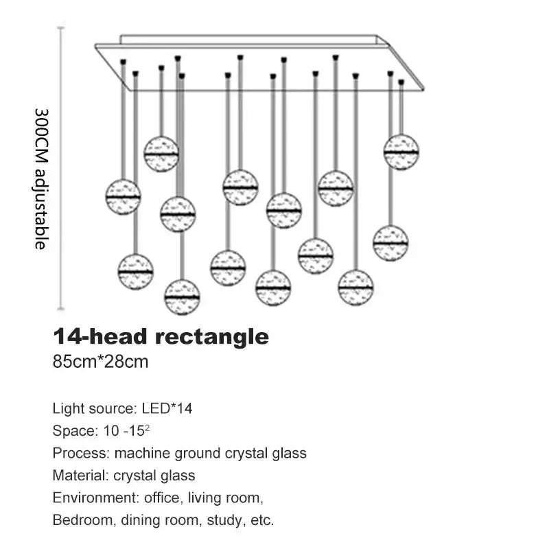 Modern crystal ball led chandelier with 14-head rectangular metal frame and crystal glass spheres for living room decorbites crystal ball