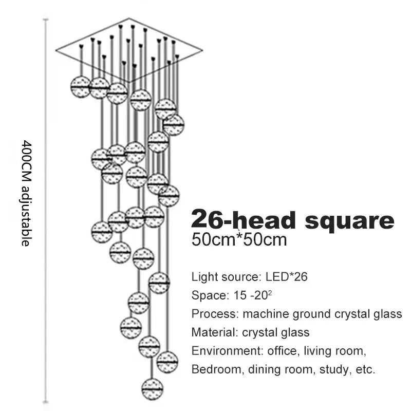 Modern crystal ball led chandelier with 26 crystal glass spheres suspended from diamond frame for living room decorbites decor